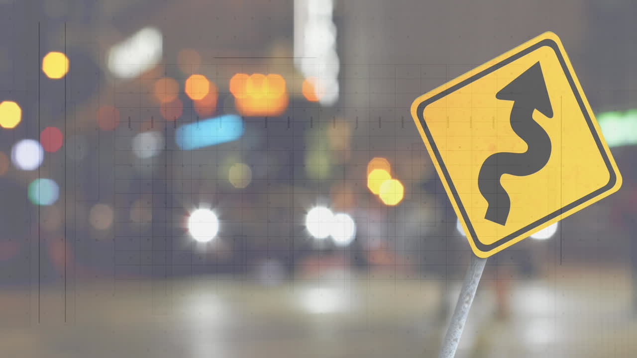 도로 표지판과 도시 풍경에 대한 금융 데이터 처리의 애니메이션