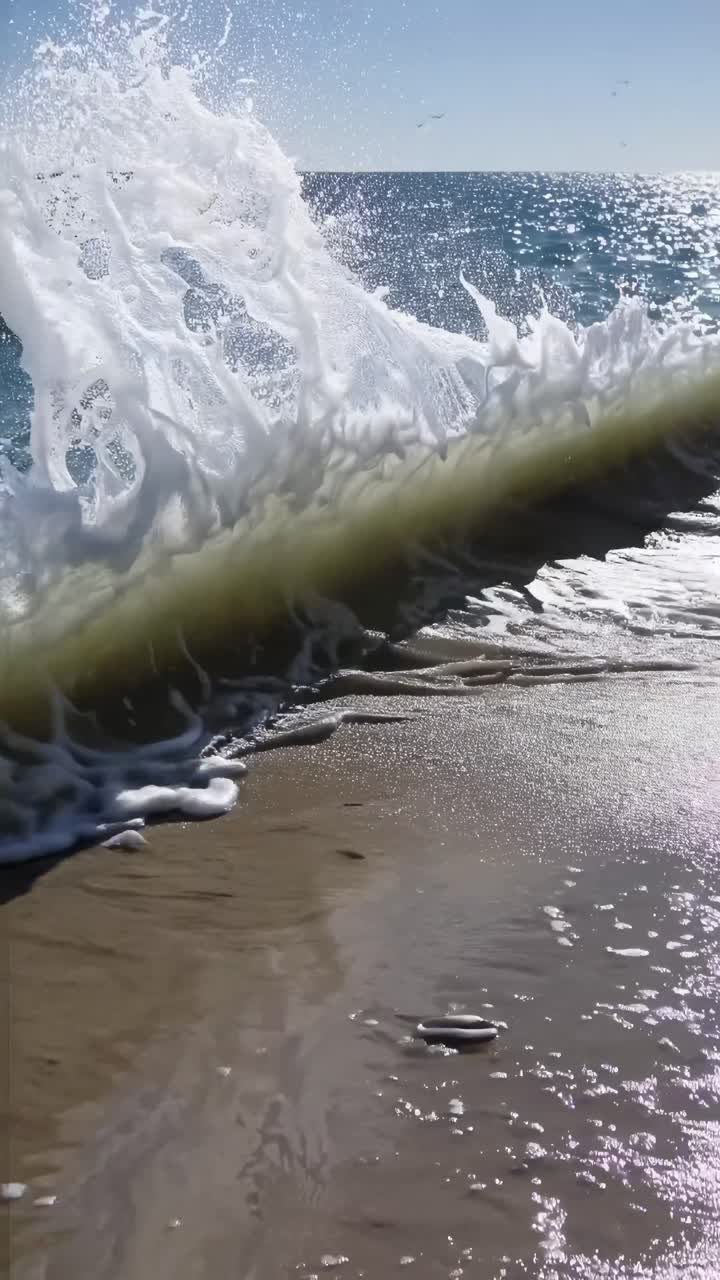 Una serena vista sull'oceano ripresa dal basso, che mostra onde delicate e gabbiani in lontananza.