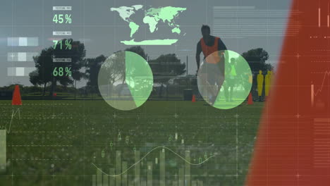 Fitness-data-and-world-map-animation-over-athletes-training-on-field