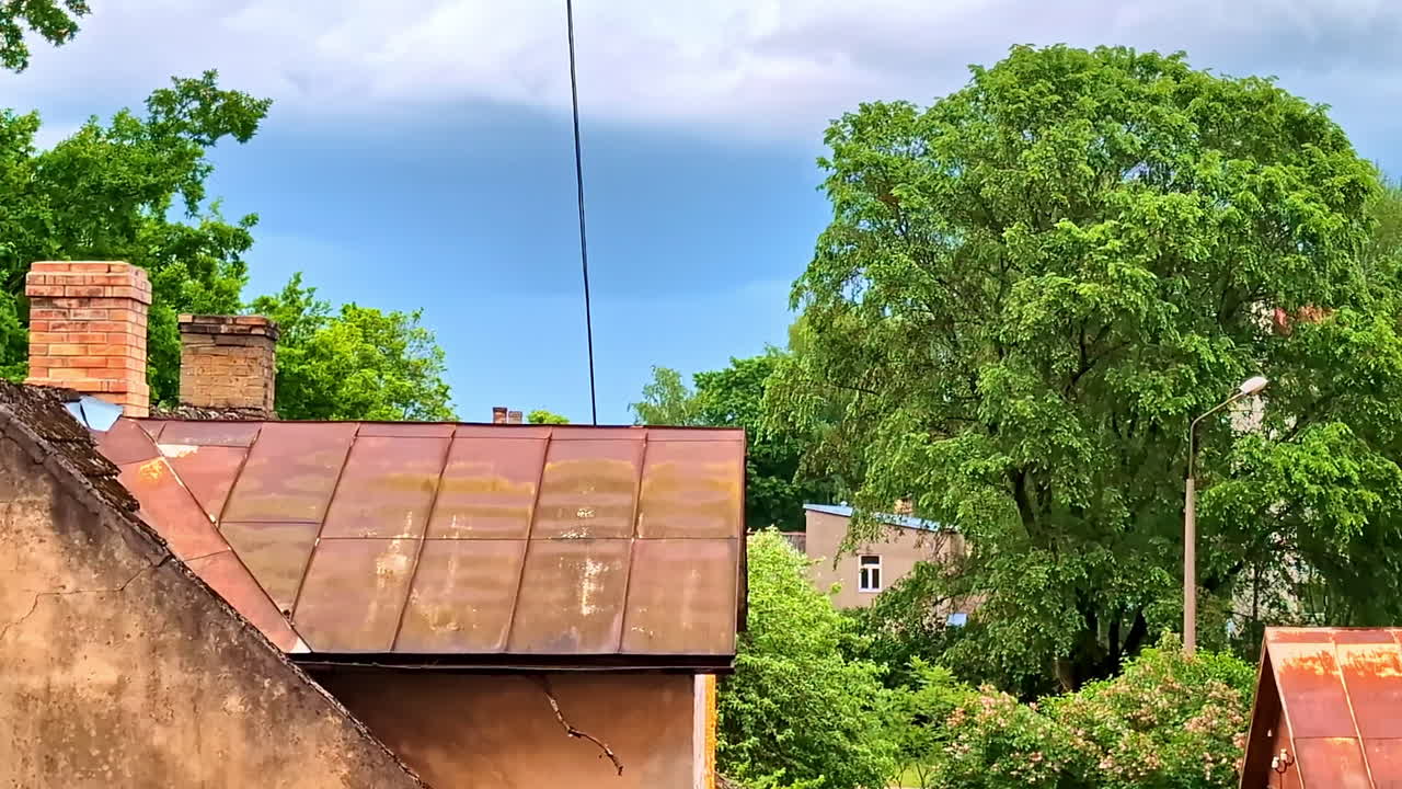 Old rooftops and green trees in residential neighborhood on a cloudy summer day