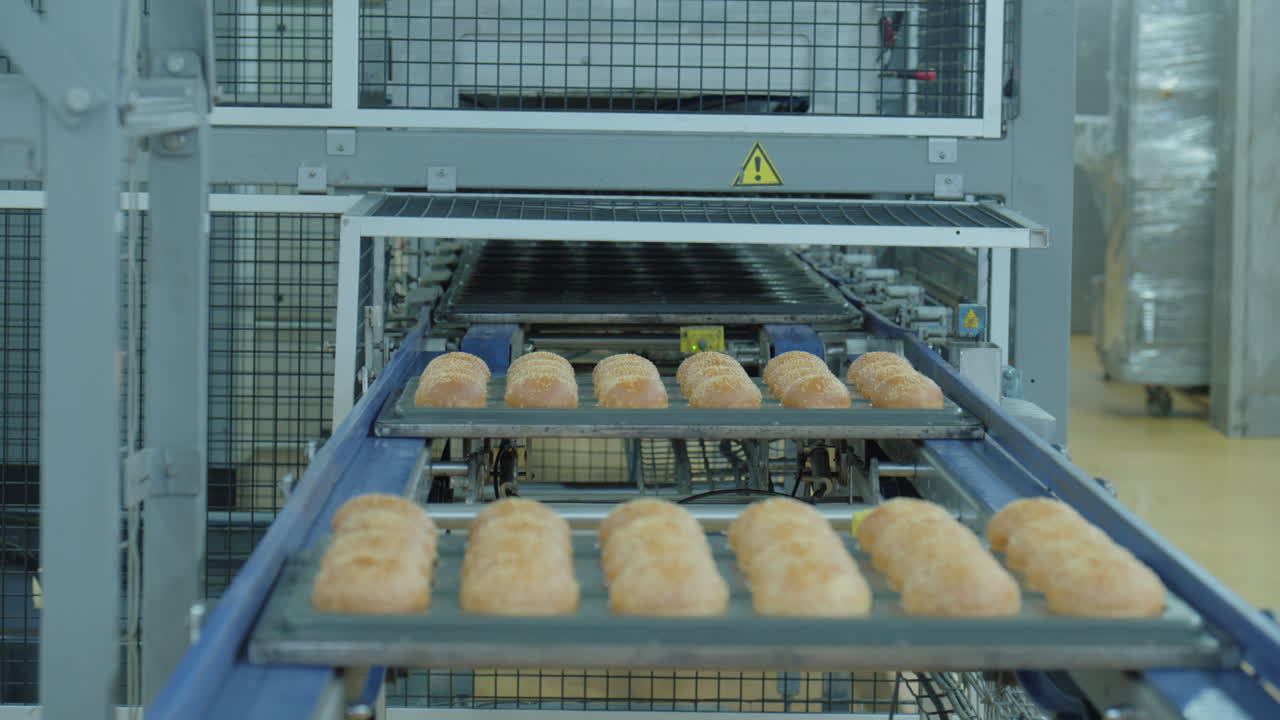 Bread on a conveyor belt in a food processing factory