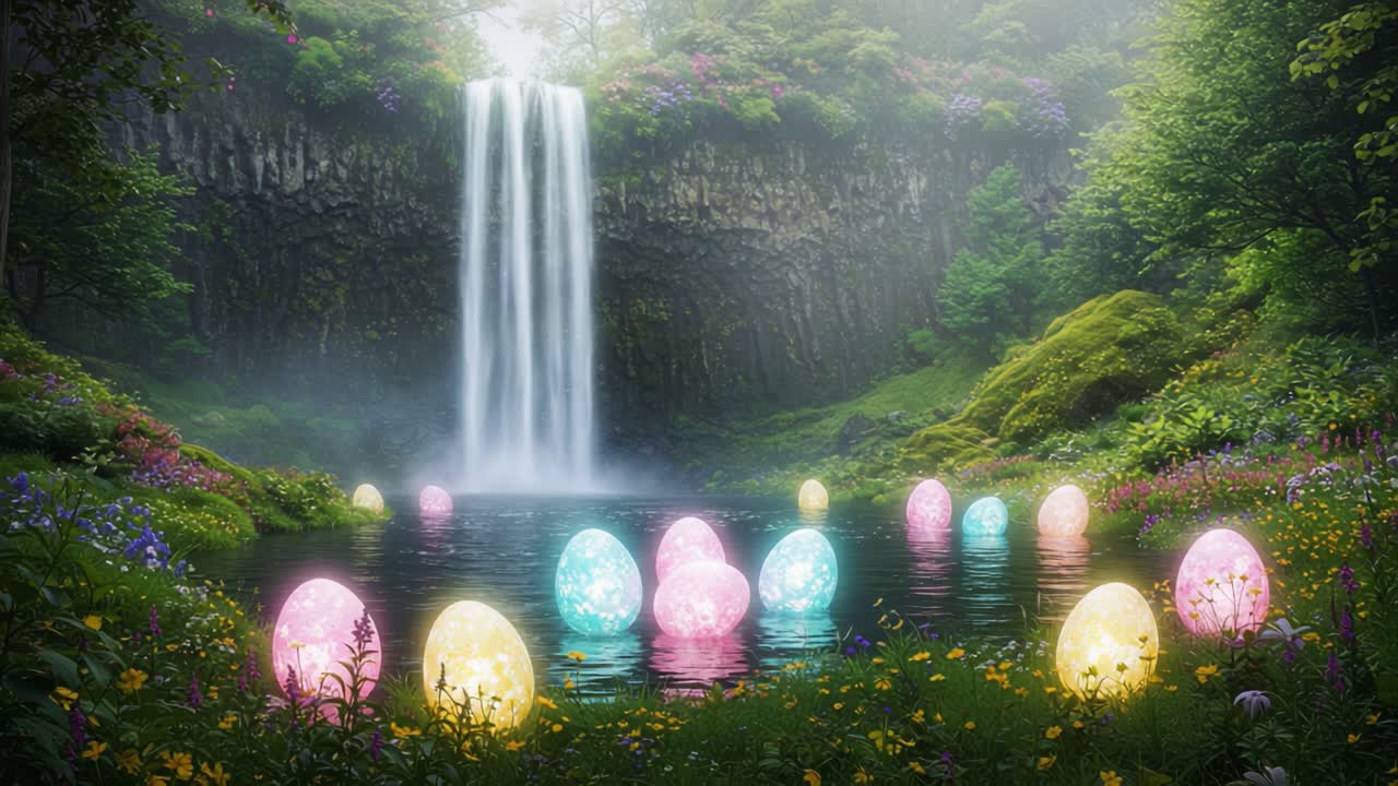 A Serene Misty Landscape with a Cascading Waterfall Surrounded by Vibrant, Colorful Eggs Reflecting Nature's Beauty in a Tranquil Setting