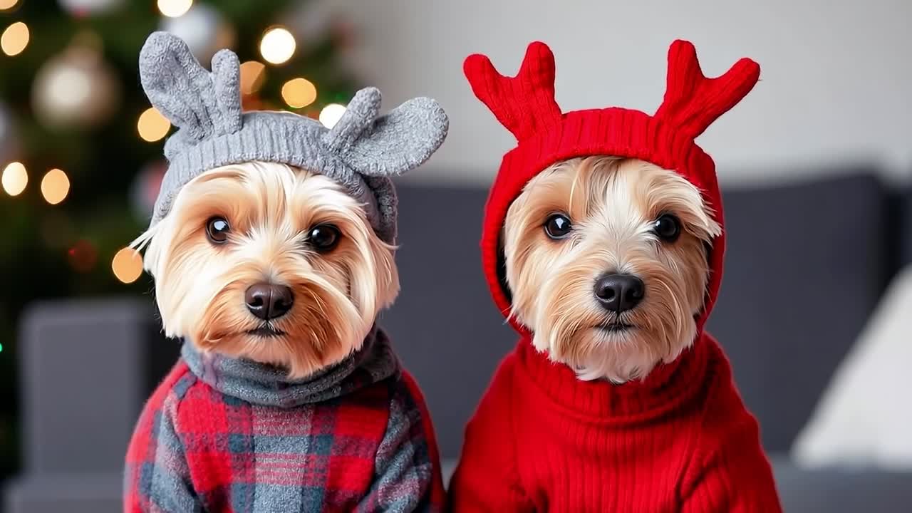 두 마리의 작은 개들이 크리스마스 트리 앞에 그들의 머리에 사 을 착용하고 있습니다.