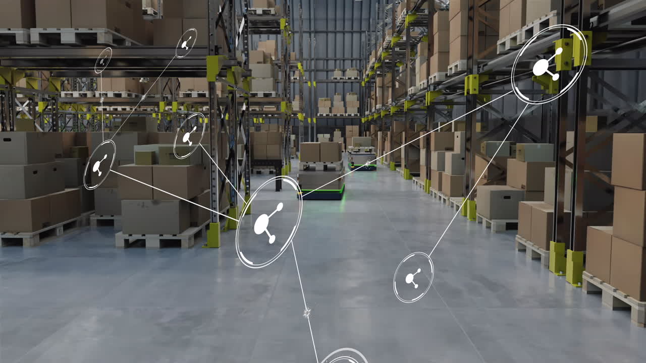 animación de la red de conexiones con iconos sobre el almacén