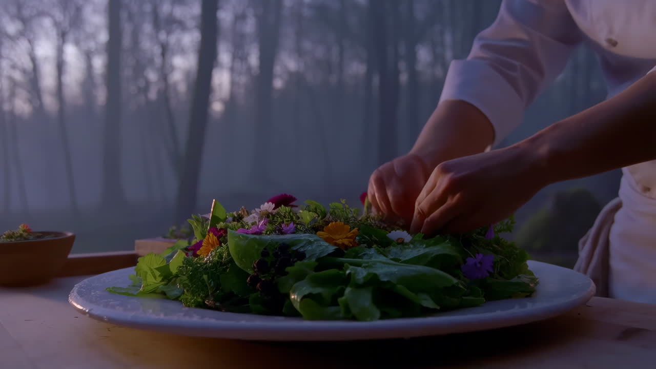 Chef's Hands Plating a Gourmet Salad with Edible Flowers in a Misty Outdoor Setting
