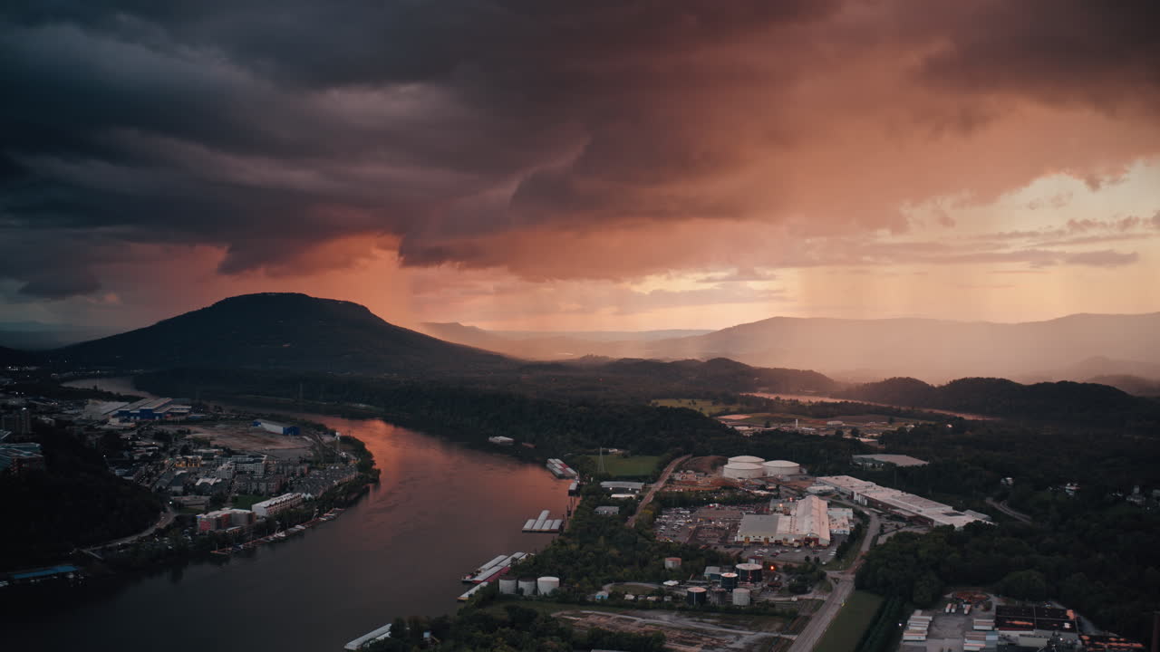 Aerial Hyperlapse of Slow Sunset Storm Clouds Moving Over Lookout Mountain