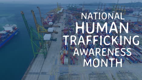 animation of human trafficking awareness text over shipyard