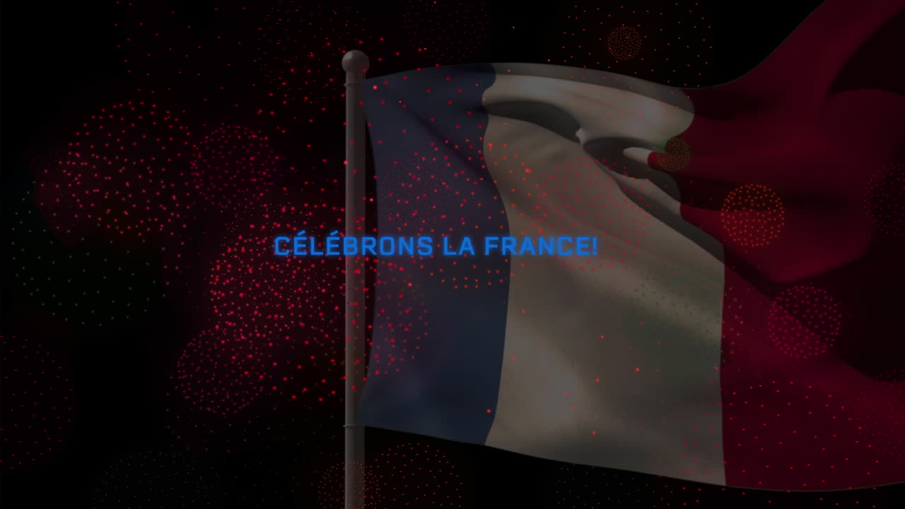 프랑스 발과 불꽃놀이와 함께 celebrons la france 텍스트의 애니메이션