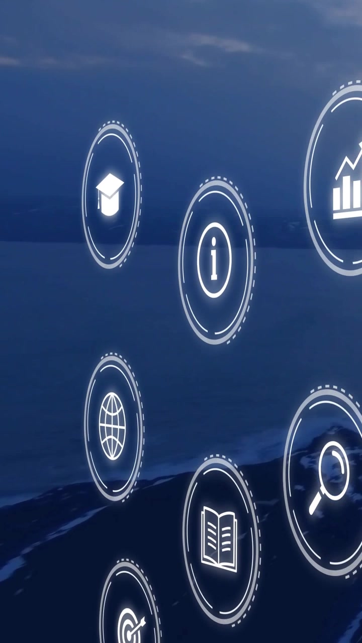 Vertical video: Scene starting, glowing HUD icons sliding in, forming grid, showing info over coast