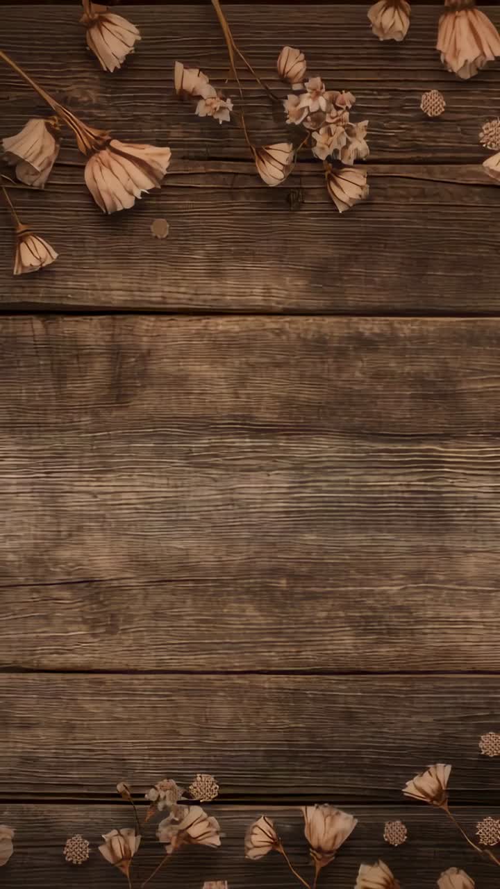 Vertical video: Showing wood plank surface at table as frames progress, shifting dried blooms, pods
