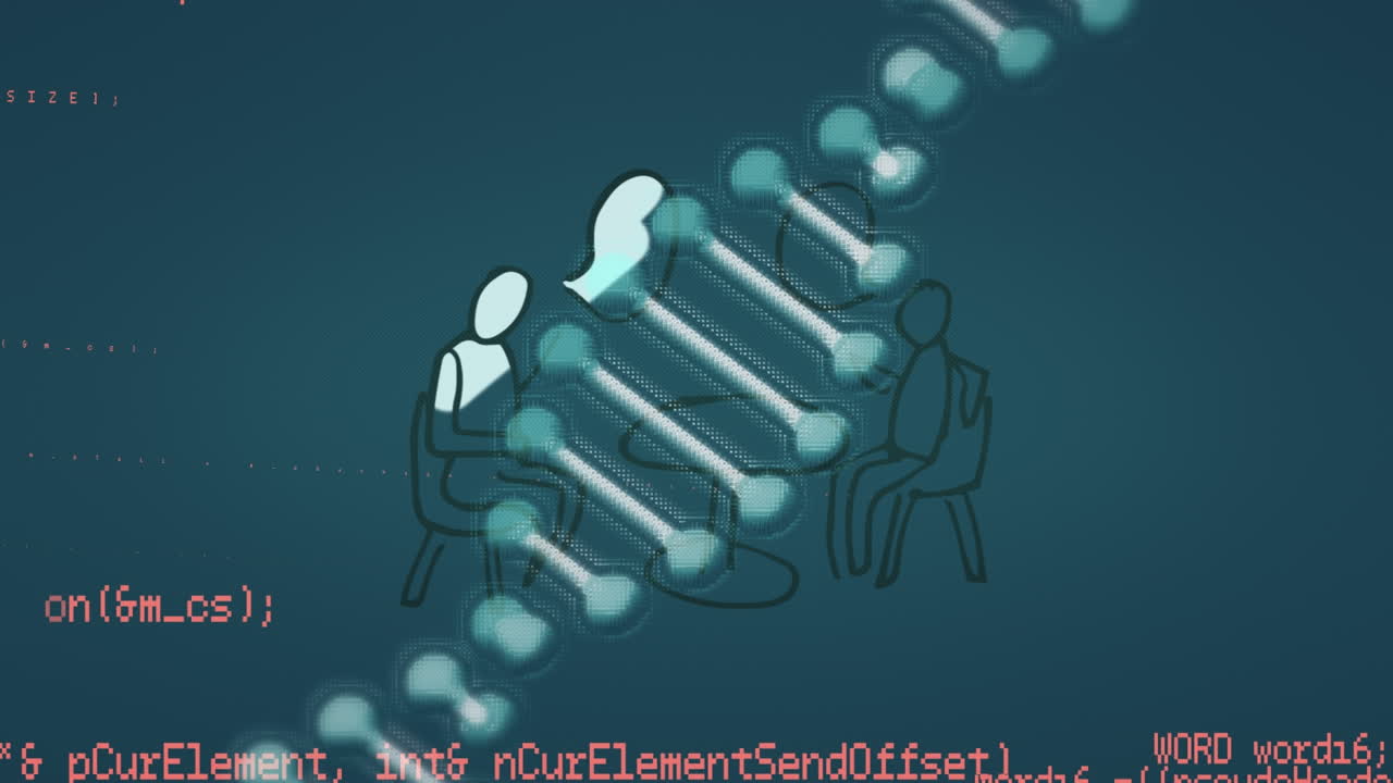 Dna structure and data processing over two people having a conversation icon on blue background