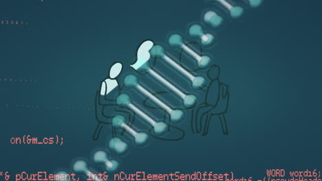 dna structure and data processing over two people having a conversation icon on blue background
