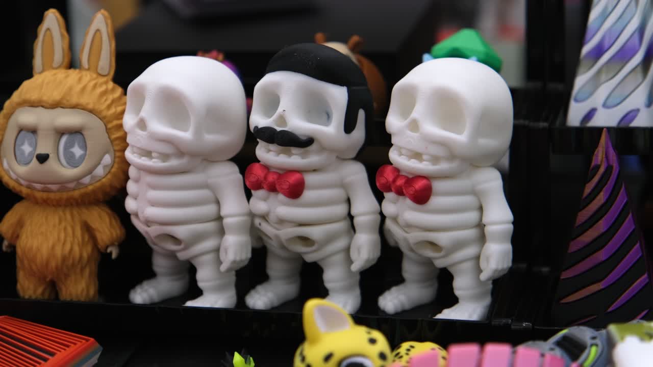 Close-up of cute skeleton toys with bow ties and funny details displayed with colourful characters. Playful Halloween decoration concept