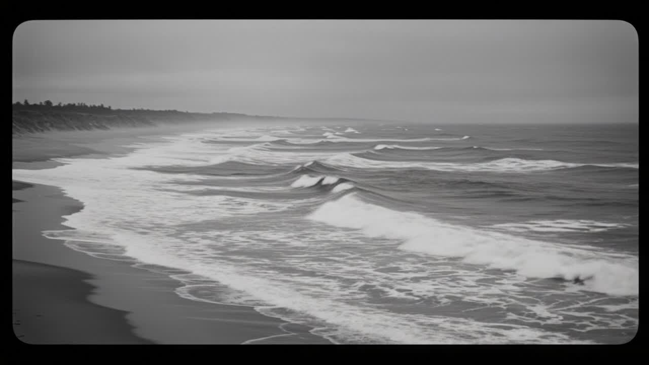 Serene Coastal Landscape: Captivating Black-and-White Waves Gently Lapping the Shoreline under a Gloomy Sky, Evoking a Tranquil Atmosphere of Nature's Beauty
