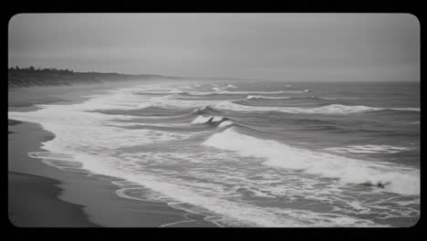 serene coastal landscape: captivating black-and-white waves gently lapping the shoreline under a gloomy sky, evoking a tranquil atmosphere of nature's beauty