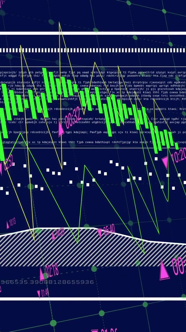 Animation of data, graphs with changing numbers and loading bar against blue background