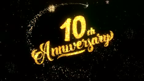10th anniversary greeting and wishes card made from glitter particles and sparklers light dark night sky with colorful firework 4k background.