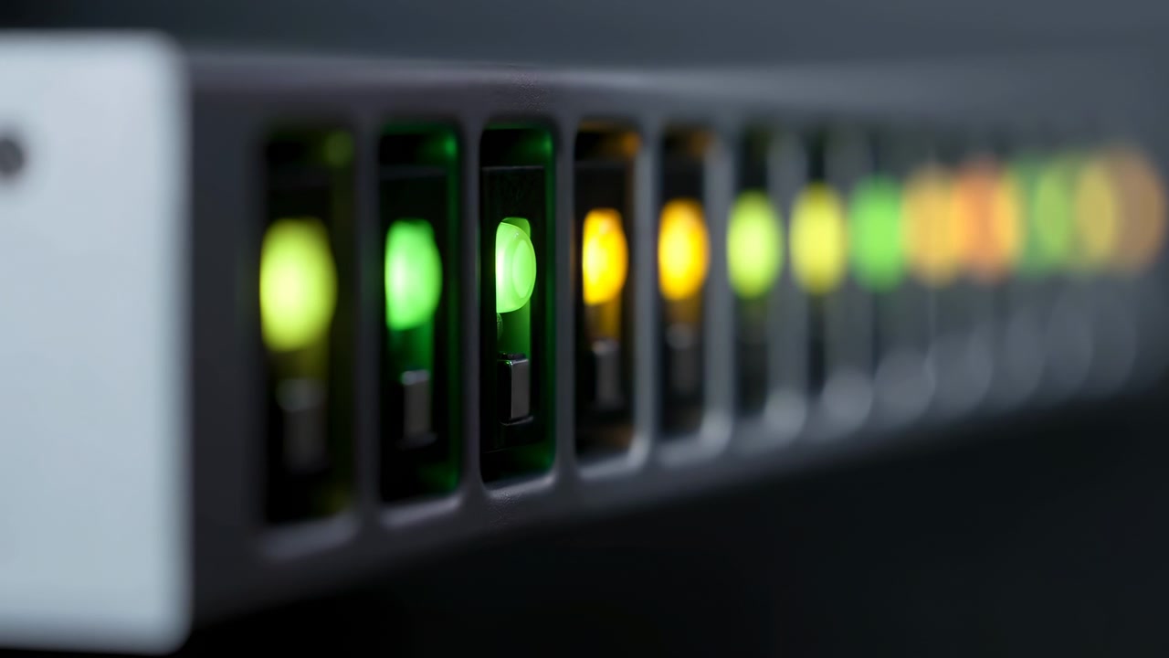 Una vista ravvicinata segue una fila di indicatori luminosi di apparecchiature, con i colori che progrediscono dal verde al giallo, arancione e rosso, mentre le luci in primo piano rimangono nitide contro la profondità del pannello leggermente sfocata