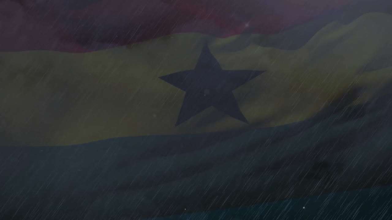 animación de lluvia y relámpagos sobre la bandera de ghana