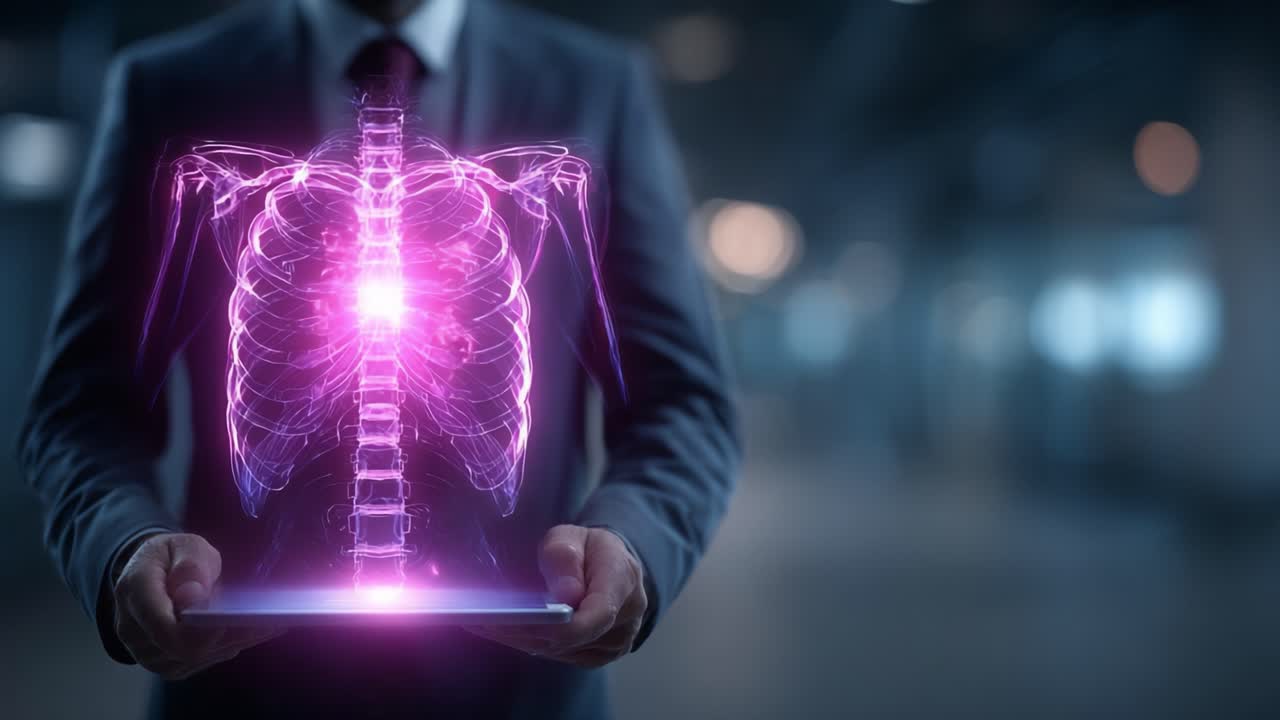 A Stunning Visualization of the Human Thoracic Anatomy with a Transparent Ribcage and Spine Displayed on a Tablet in a Professional Setting
