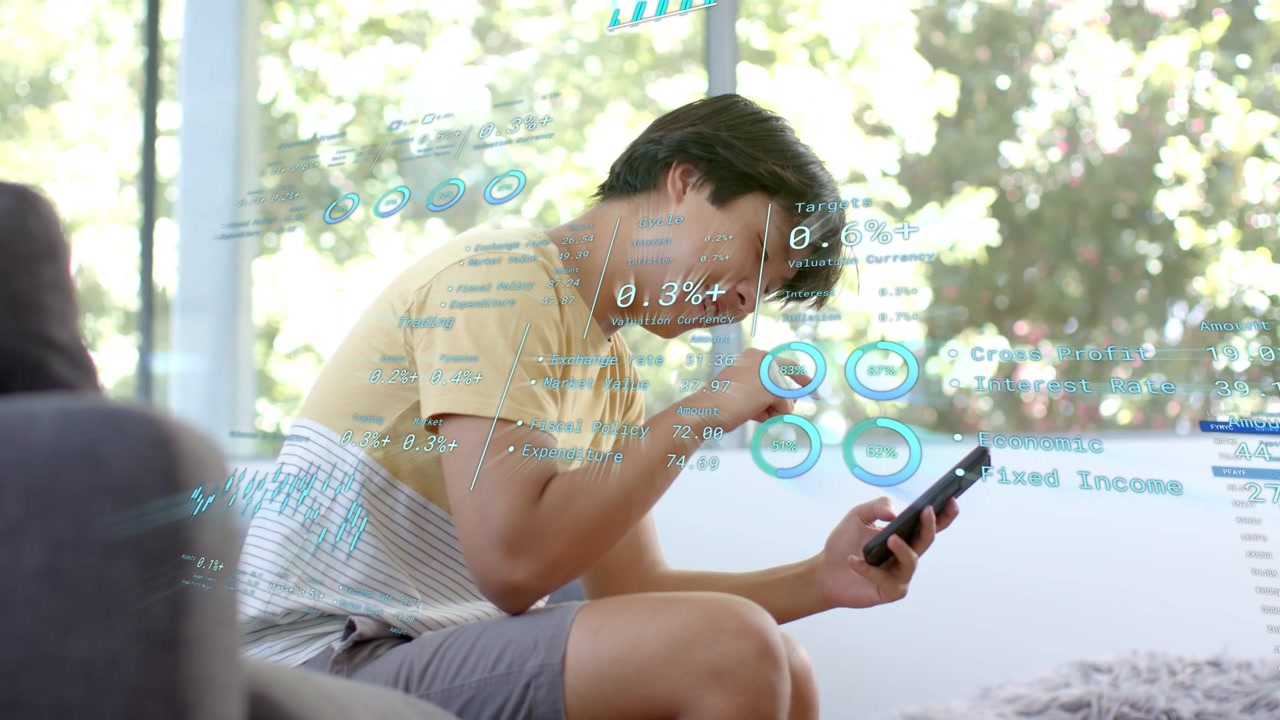 Man sitting on sofa scrolling phone, updating AR finance dashboard percent and monitoring portfolio