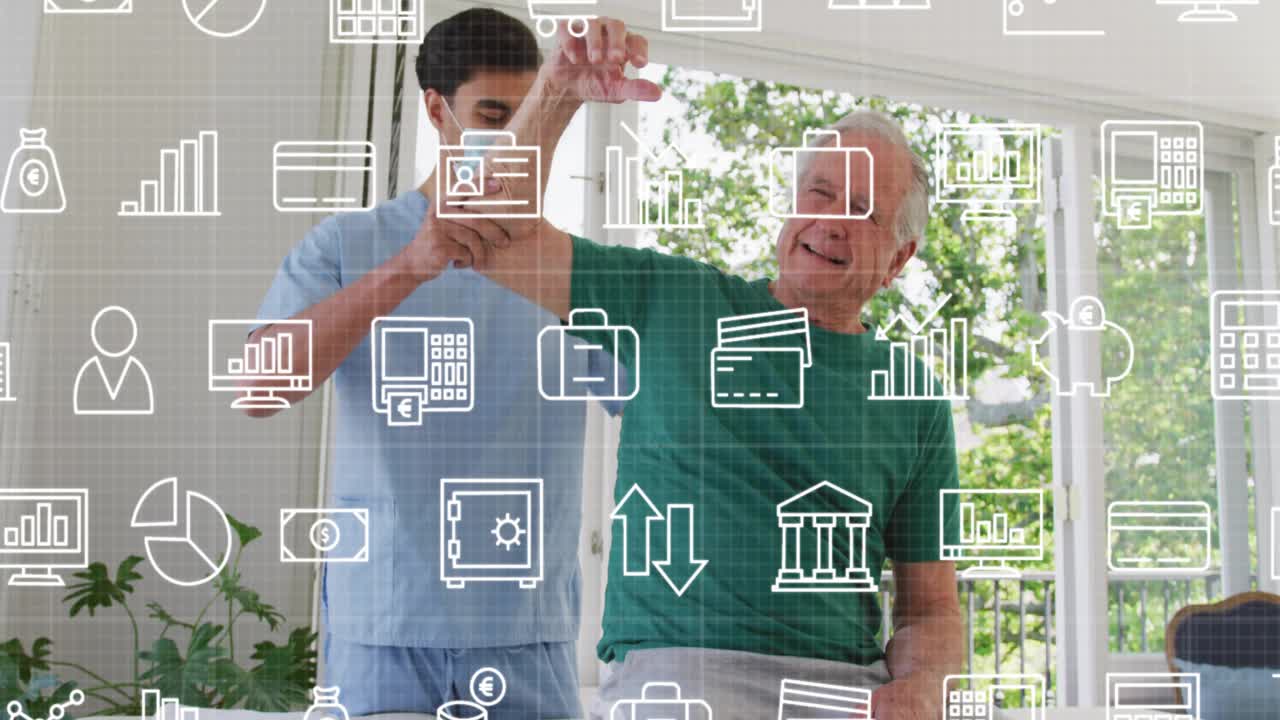 Physical therapist guiding patient's arm upward for mobility updating tablet showing finance icons
