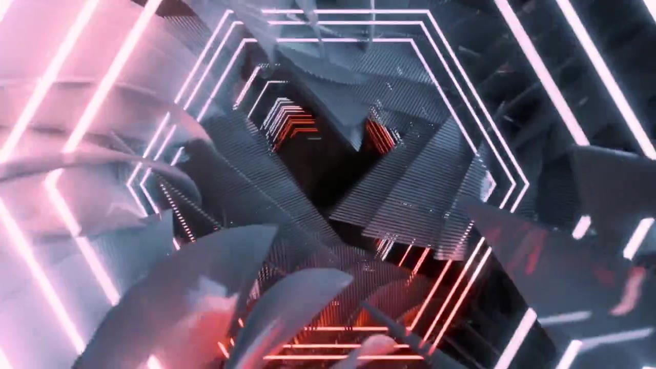 Flying Through a Futuristic Neon Hexagon Tunnel with Glowing Lights
