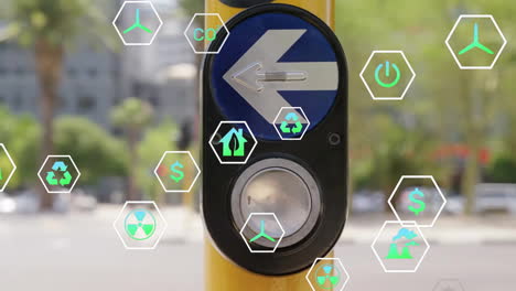 animation of eco icons and data processing over traffic lights