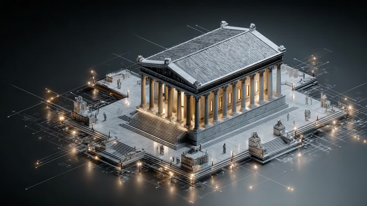 Intricate Architectural Visualization of an Ancient Temple with Modern Digital Elements, Highlighting the Blend of History and Technology in a Stunning 3D Environment