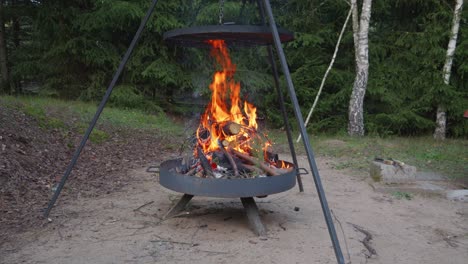 Parrilla-Para-Fogatas-O-Parrilla-Para-Fogatas-Con-Leña-Brillante-Encendida-En-La-Cámara-De-Combustión