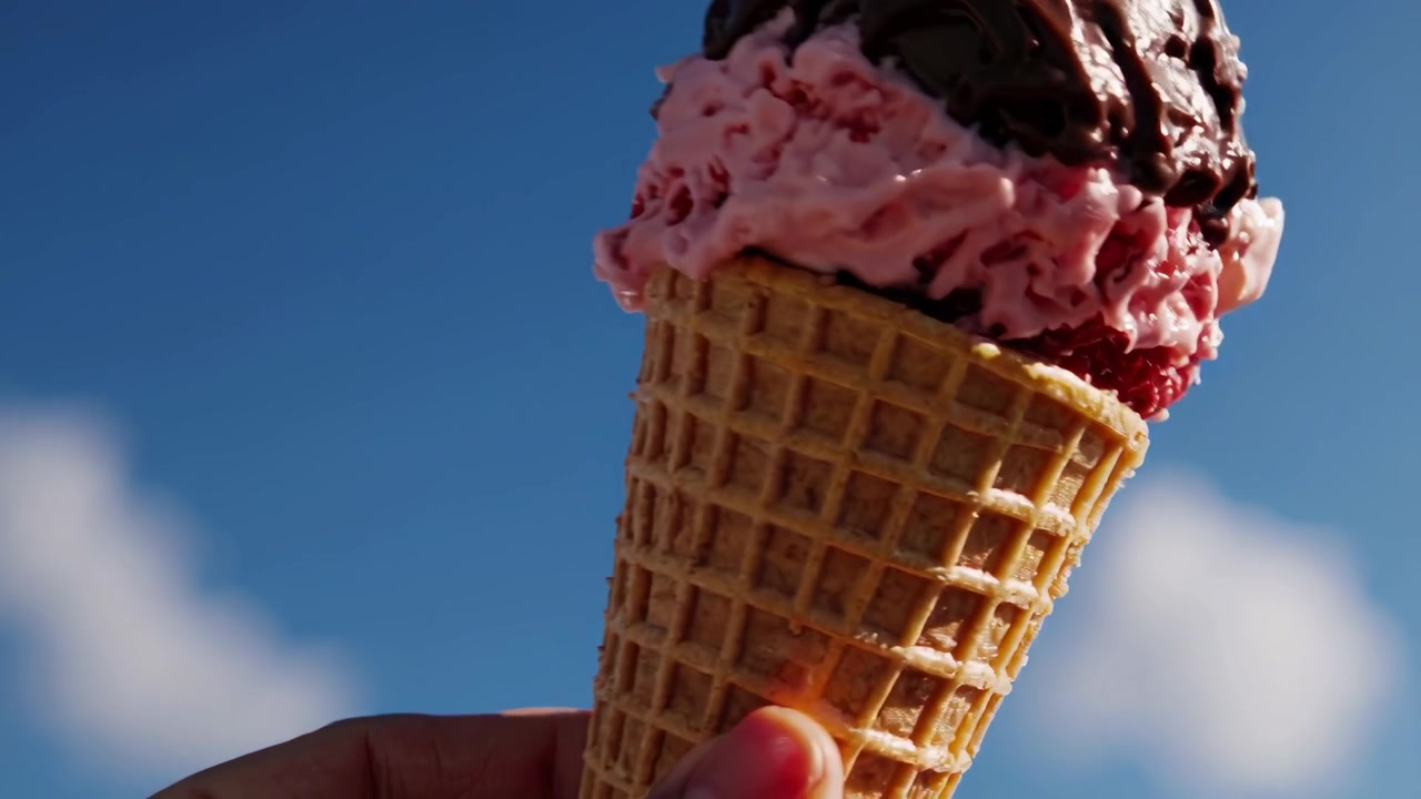Cono gelato alla fragola e al cioccolato che si scioglie contro il cielo blu