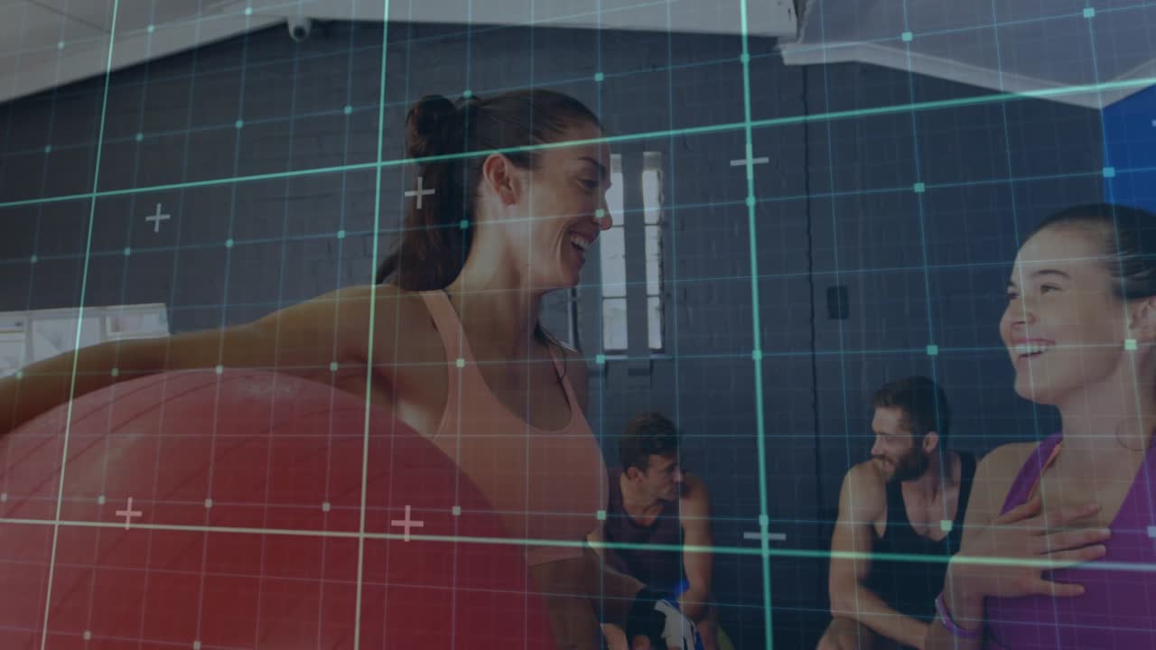 Woman holding red ball entering, coaching purple-top in fitness, grid overlay marking ball