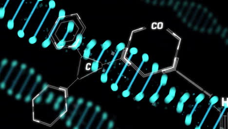 chemical structure and dna strand animation over black background