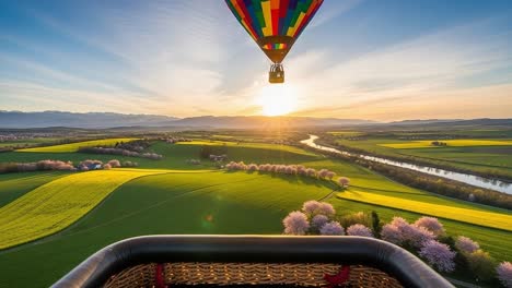 breathtaking views of sunrise over lush green fields and blossoming trees as seen from a hot air balloon's perspective