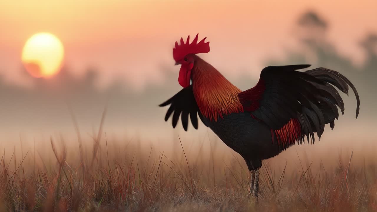Un maestoso gallo incede attraverso un paesaggio nebbioso all'alba, incarnando i colori vibranti dell'alba in mezzo a una lussureggiante natura circostante.