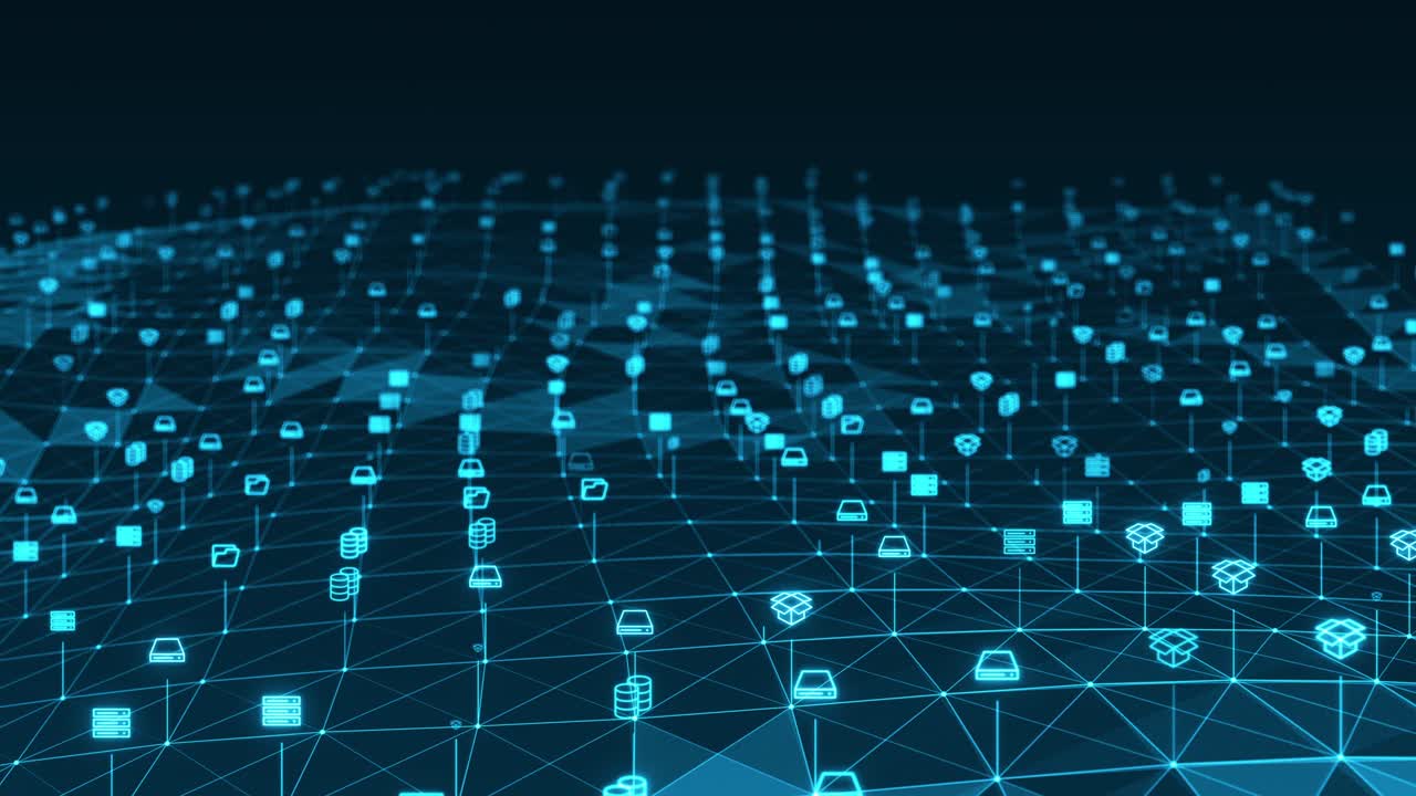 movimiento gráfico de azul icono de estatua digital y línea vinculada conexión de red tecnología futurista concepto de fondo abstracto video de bucle sin costuras