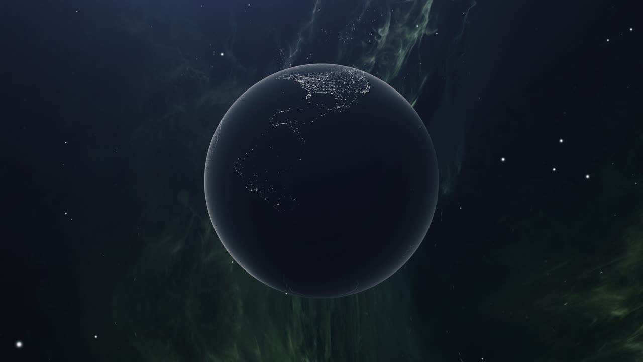 planeta oscuro girando con fondo de nube de nebulosa, gran universo