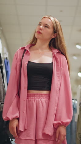 hermosa dama llevando una bolsa negra camina a través de una tienda de ropa, tocando pantalones cortos de jean mientras que otras ropas están cuidadosamente dispuestas en estantes, la tienda está bien iluminada, mostrando opciones de moda de moda