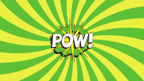 word 'pow!' in retro comic speech bubble with halftone dotted shadow on an animated green and yellow background