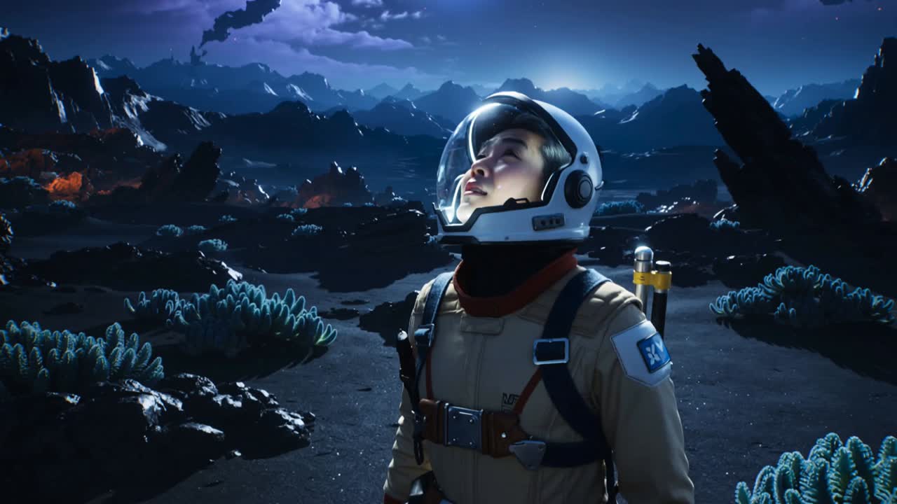 Gazing Asian astronaut in tan suit observing approaching planet on alien plain with pack, helmet