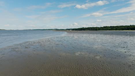 flock of birds aerial slowmo flying above mirrored water on beach near edinburgh on low tide