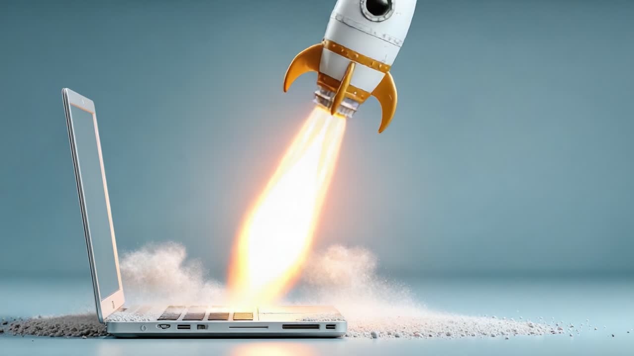 A Creative Blend of Technology and Imagination: A Rocket Launching from a Laptop Illustrating the Power of Innovation and Digital Transformation in Modern Life