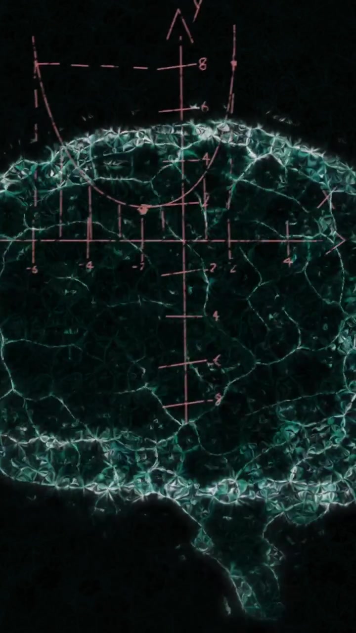 Animation of math formulas, brain and dna on black background