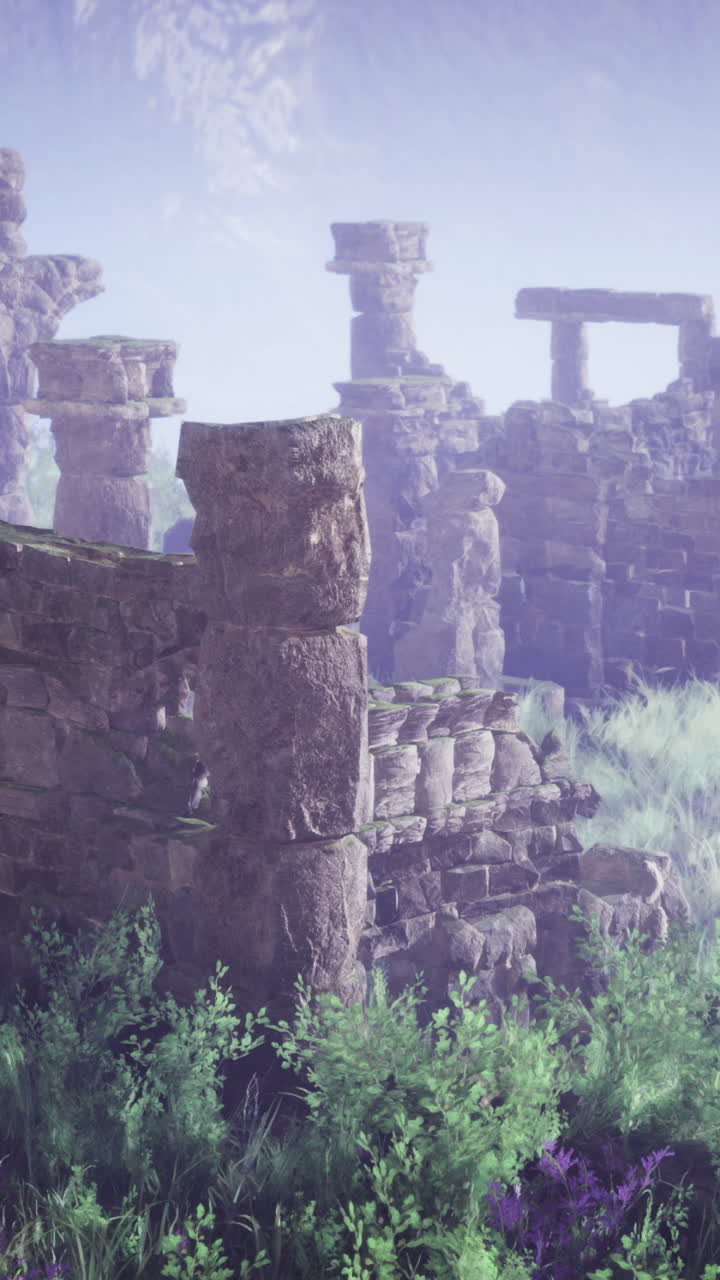 Ancient stone ruins surrounded by lush greenery at sunrise