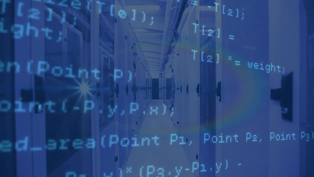 Animation of computer language over moving lens flare against server room in background