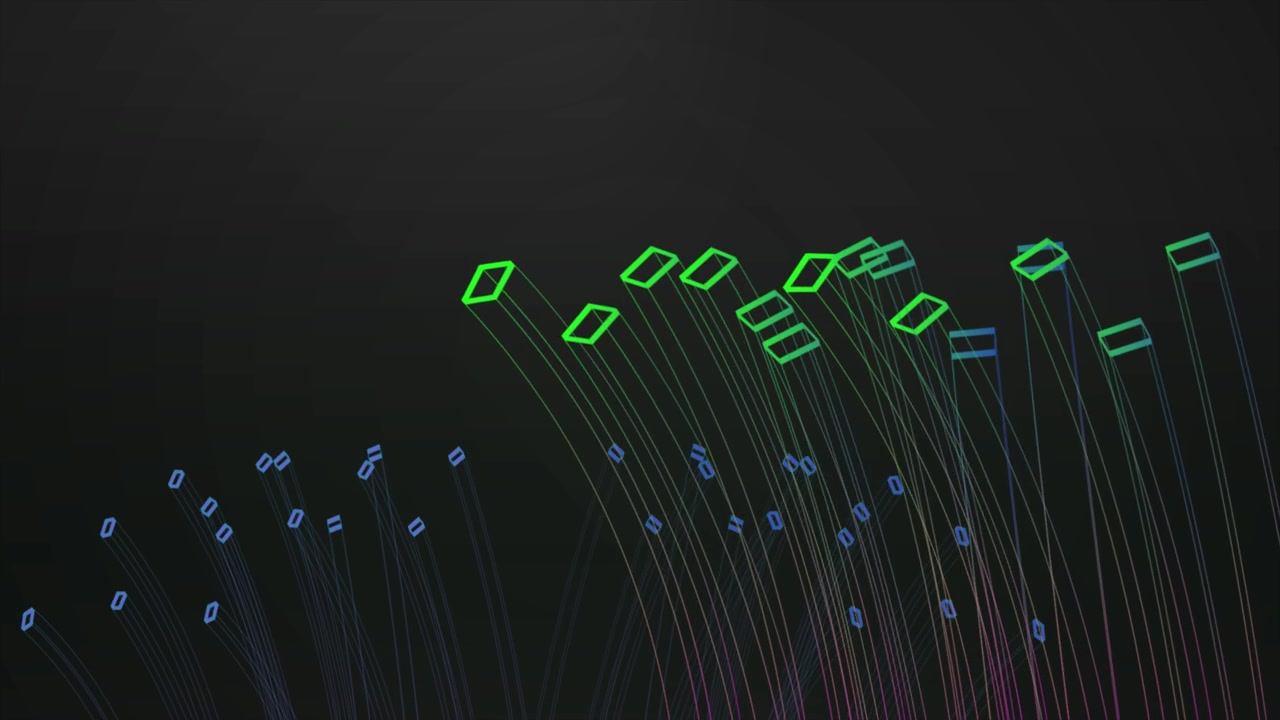 Flux de données numériques abstrait avec des formes géométriques ascendantes et des lignes lumineuses