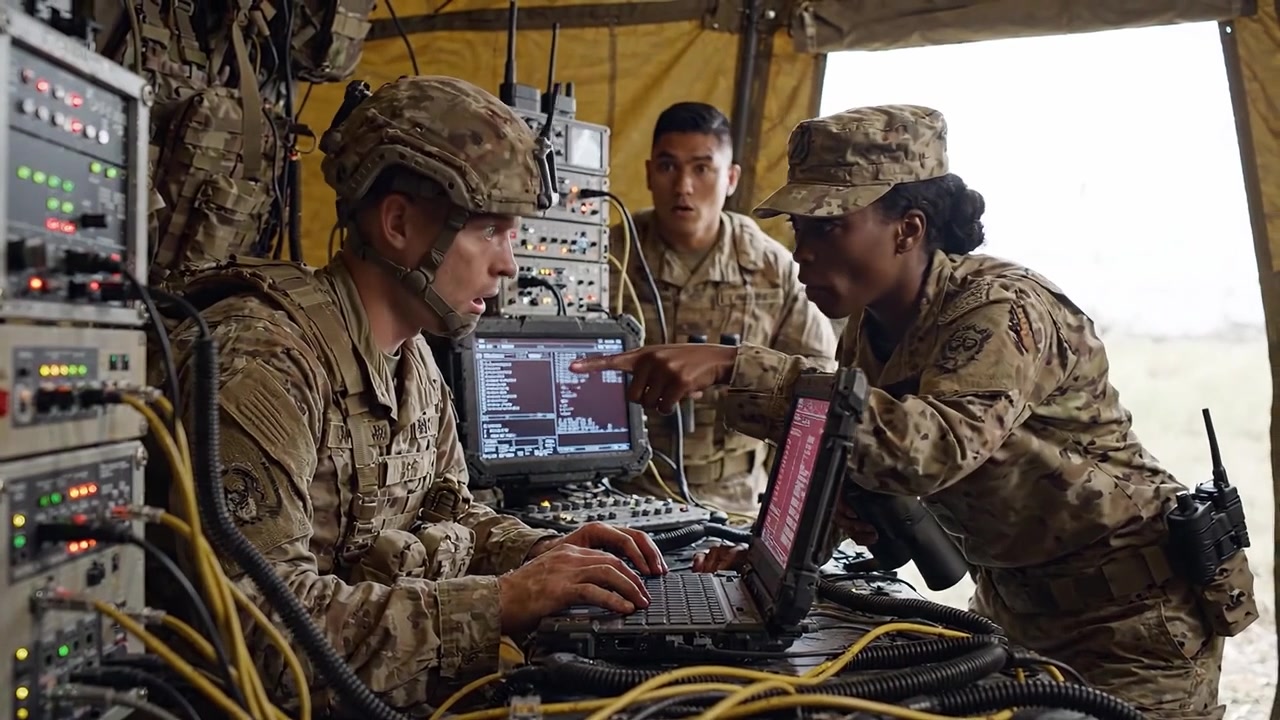 Militært personel engageret i kommunikationsoperationer inde i et taktisk kommandotelt med avanceret teknologi og samarbejde mellem soldater