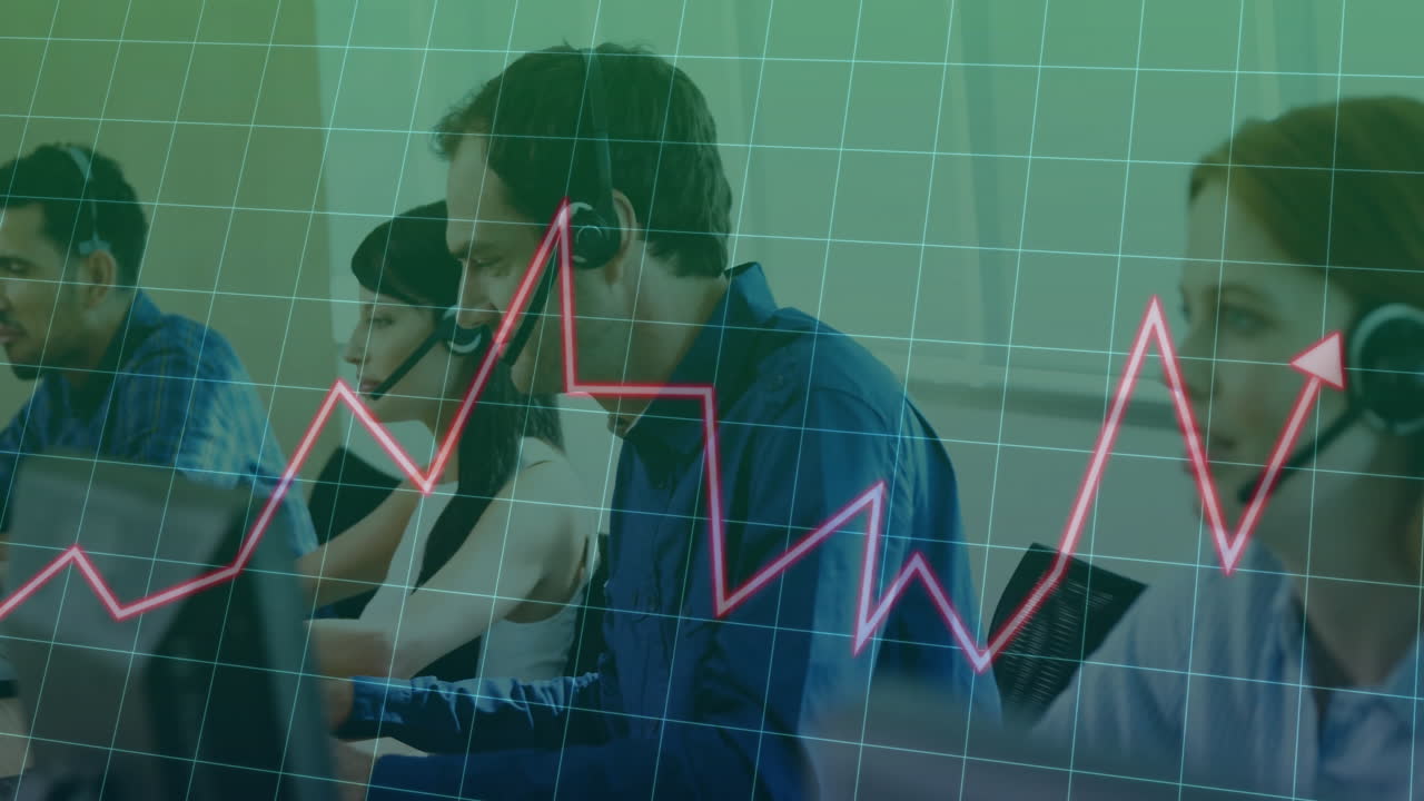 Stock market animation overlaying, business professionals working at desks in office
