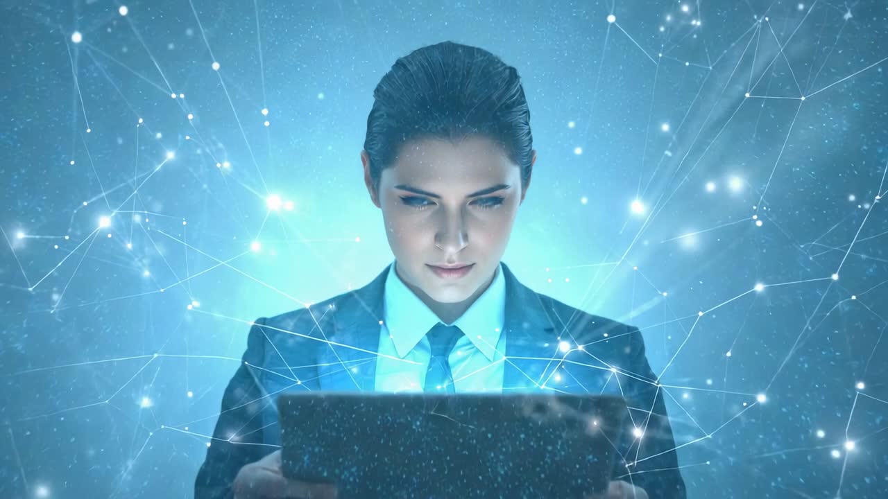 Elinde tablet olan, takım elbiseli, kravatlı bir kadının stüdyoda ağ verilerini gösteren ekrana baktığı ışık yayan ekran