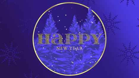 happy new year with fall snow and forest in night on snowflakes pattern